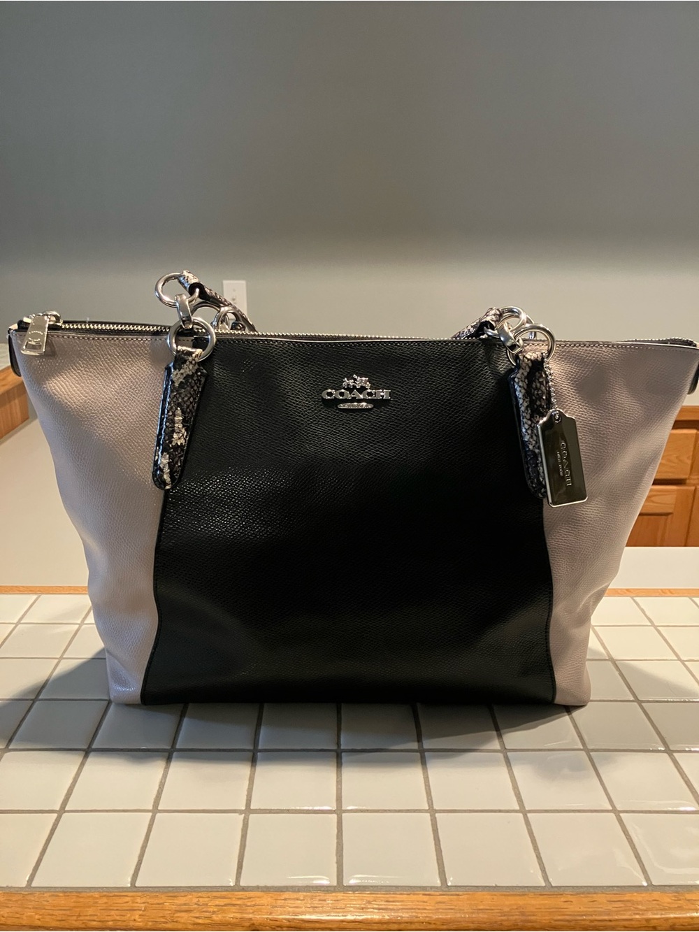 Coach Two-Tone Black and Light Gray Leather Tote with Silver Hardware